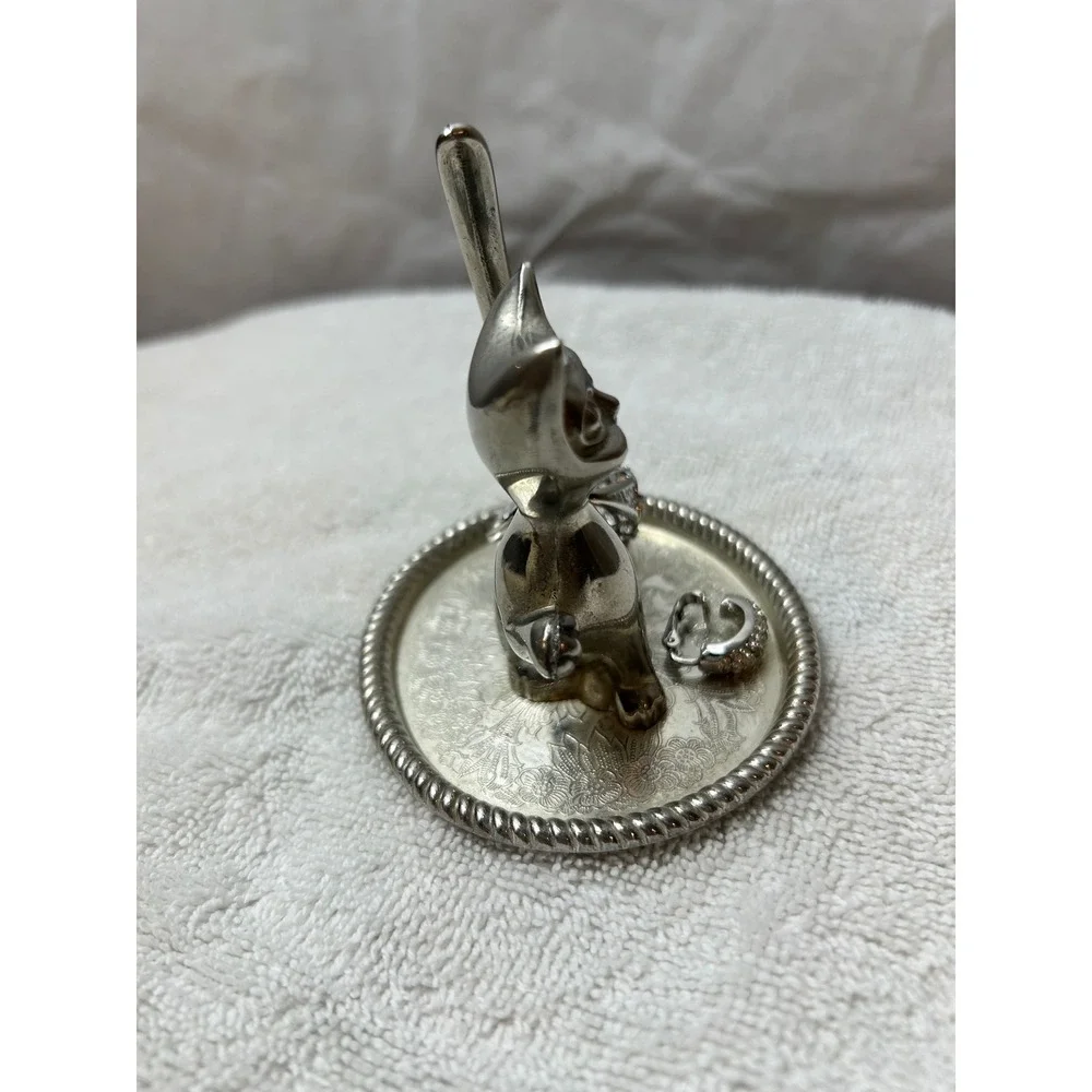 Cat Ring Holder Silver Trinket Dish Jewelry Tray Kitty Kitten Decor